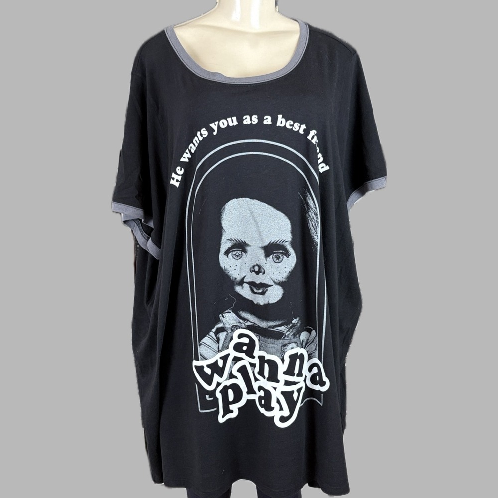 Torrid 5X Horror Movie Goth Black Chucky Wanna Play Graphic Tri-Blend Ringer Tee